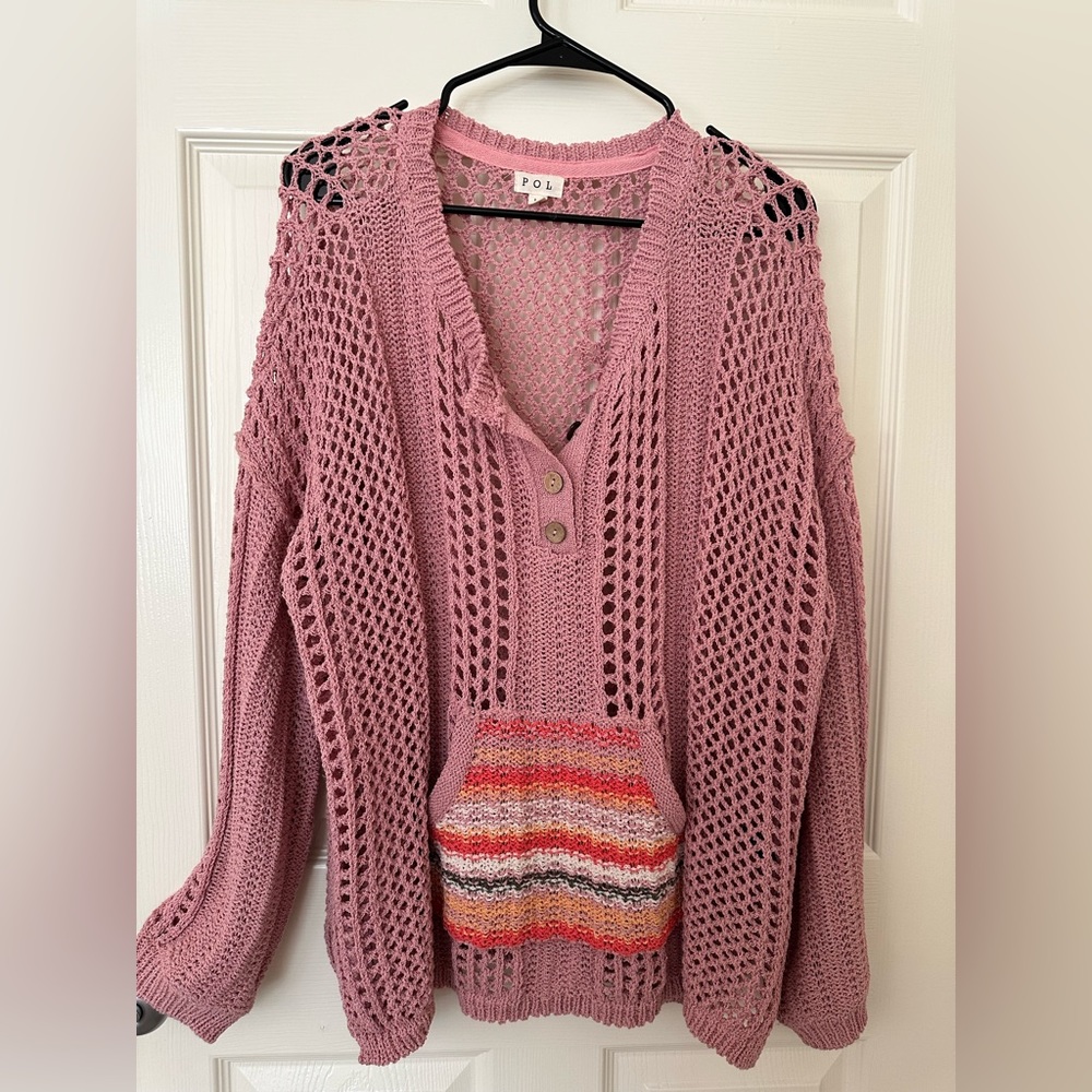 Pol Sweater Pullover Women L Large Pink Crochet Button Up Long Sleeve Knit